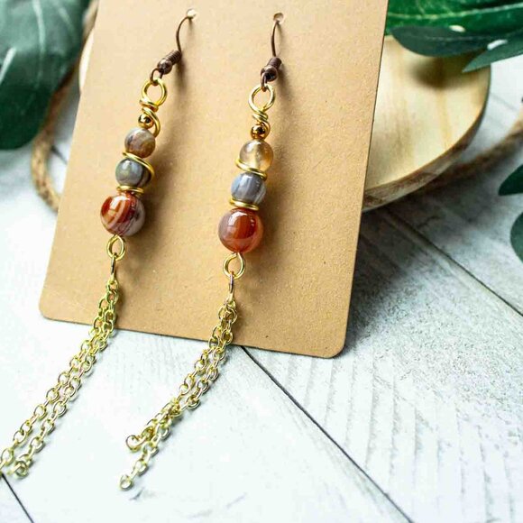 Elegant Three-Bead Multicolor Agate Dangle Earrings with 14k Gold Chain - Picture 8 of 9